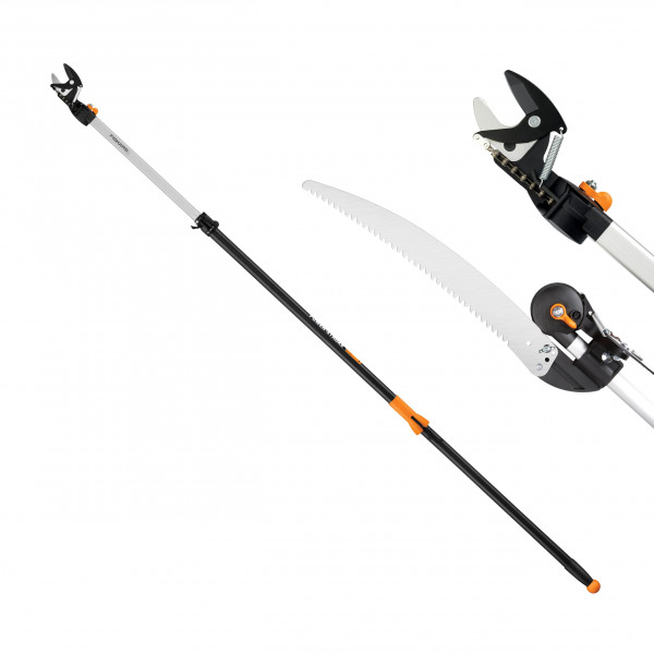 Fiskars Podadora de árboles extensible 2 en 1 y sierra de poste (se extiende de 7,9 a 12 pies) con cabezal giratorio, modelo Stik de poda con hoja de sierra de doble afilado de 15 pulgadas y sistema de doble bloqueo