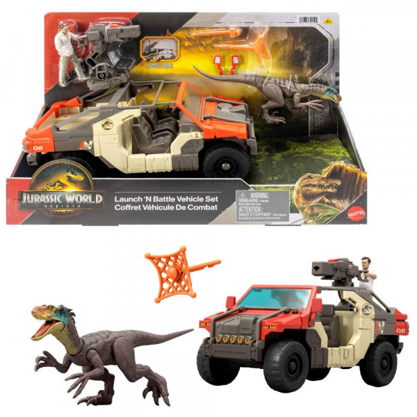 Vehículo Mattel Jurassic World Rebirth con 1 figura humana y 1 dinosaurio, camión Launch 'N Battle, figura de Martin Krebs y raptor, torreta y 2 proyectiles