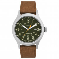 Reloj Timex Expedition Scout de 40 mm para hombre, caja plateada, esfera verde y correa de cuero marrón