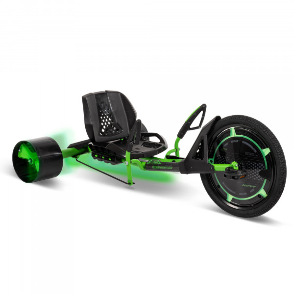 Huffy Green Machine Triciclo de deriva de 20 pulgadas, diseño elegante y ergonómico, asiento ajustable, marco de acero duradero, fácil de operar, triciclo de deriva para niños a partir de 8 años, detalles de luz LED, freno de contrapedal, verde y negro