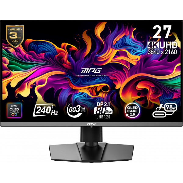 MSI MPG 272URX QD-OLED Monitor de computadora de 27 pulgadas 3840 x 2160 (UHD), 240 Hz, sincronización adaptativa, HDMI, puerto DP, montaje VESA, inclinación, altavoz, 0,03 ms, negro