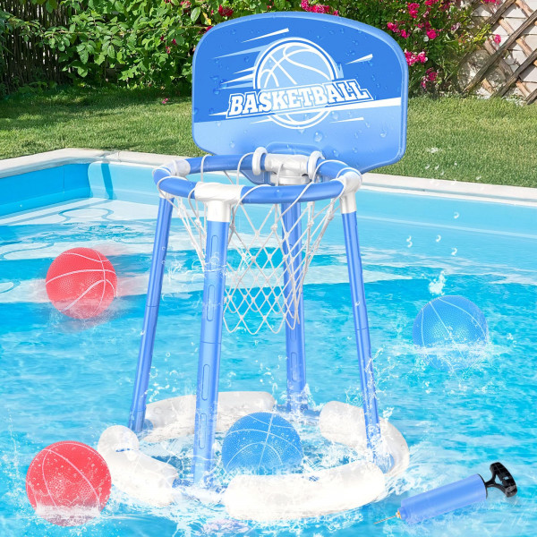 JUANCHI Aro de baloncesto flotante para piscina, aro de baloncesto junto a la piscina con tablero, 4 pelotas de baloncesto, divertidos juguetes de piscina para niños de 4 a 8, 8 a 12 años, juegos de flotador de piscina familiar y juego de baloncesto acuát