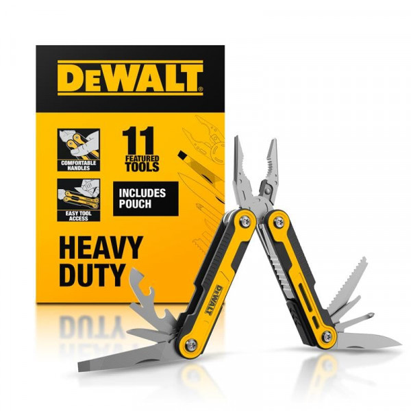 DEWALT Multiherramienta 11 en 1 con funda – Herramienta de bolsillo plegable con cuchillo, alicates, destornilladores, sierra, lata y abridor de botellas – Herramienta EDC compacta para construcción, oficios y uso en el lugar de trabajo