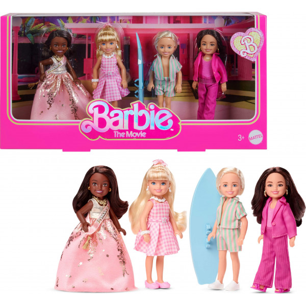 Barbie The Movie Chelsea - Juego de 4 muñecas coleccionables, incluye personajes Ken, Presidente y Gloria con trajes extraíbles