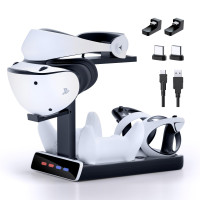 Base de carga de controlador 3 en 1 para PSVR2 y PS5, pantalla de soporte VR con luz LED, base de almacenamiento PS5 VR2, accesorios para juegos, 4 cierres magnéticos y cable tipo C