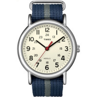 Timex Unisex T2N654 Weekender 38 mm Reloj con correa deslizable de nailon a rayas azules/grises