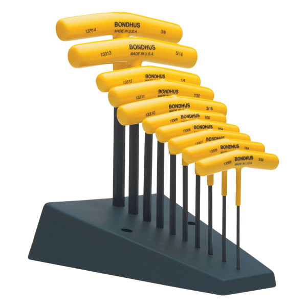 Bondhus 13390 Juego de 10 mangos en T hexagonales con soporte, tamaños 3/32-3/8, multicolor, talla única