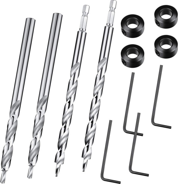 4 brocas de bolsillo de 3/8 pulgadas con collar de tope de profundidad, vástago hexagonal de 1/4 y vástago redondo, brocas escalonadas de repuesto para sistema maestro de guía de orificios de bolsillo manual (6,3 pulgadas de longitud)