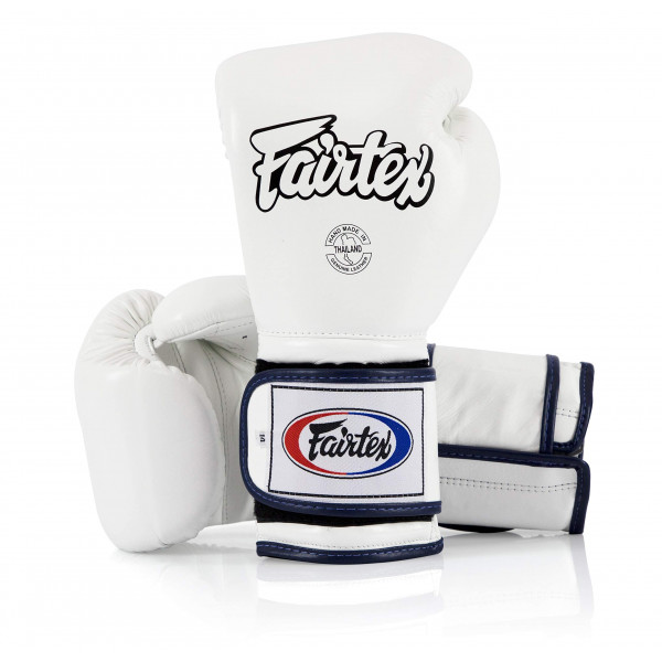 Fairtex Muay Thai Guantes de boxeo BGV9 - Guantes de entrenamiento y sparring de estilo mexicano para kick boxing MMA K1 (tuberías blancas/azules, 16 oz)