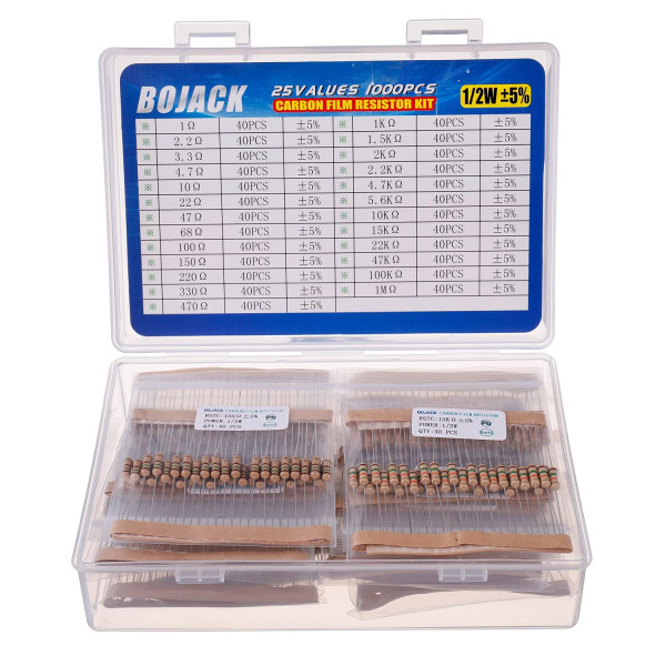 BOJACK 1000 piezas Kit de resistencias de 25 valores 1 Ohm-1M Ohm con 5% 1/2W Surtido de resistencias de película de carbono