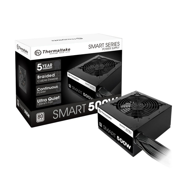 Fuente de alimentación certificada Thermaltake Smart 500W 80+ blanca, potencia continua con ventilador de refrigeración ultra silencioso de 120 mm, fuente de alimentación ATX 12V V2.3/EPS 12V PFC activo PS-SPD-0500NPCWUS-W