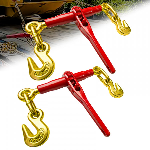 Carpetas de cadena con trinquete FITHOIST 1/4'' - 5/16'' | Paquete de 2 carpetas de carga con ganchos de horquilla | Carga de trabajo de 2600 libras | Compatible con cadenas G43, G70 y G80 | Carpeta de amarre segura para transportar y remolcar