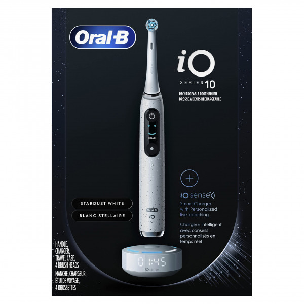 Oral-B iO Series 10 Cepillo de dientes eléctrico recargable con sensor de presión visible para proteger las encías, temporizador de 2 minutos, 7 configuraciones de limpieza, 4 cabezales de cepillo de dientes de repuesto y estuche de viaje de carga, blanco