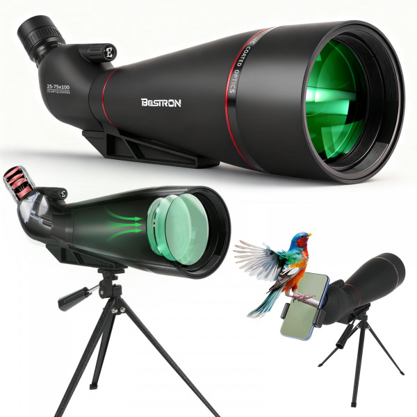 BOSTRON 25-75x100 Telescopio Terrestre en Ángulo con Trípode BAK4 Prisma Lente FMC Verde Oscuro, Ocular de 23 mm Telescopios Terrestres Impermeables para Tiro al Blanco Observación de Aves Observación de la Luna (Negro), Bolsa de Transporte con Adaptador 