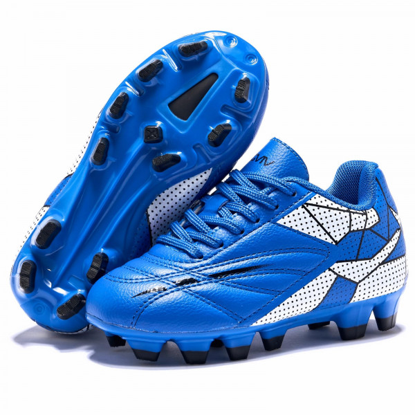 Zapatos de fútbol para niños pequeños y pequeños, zapatos de fútbol con cordones FG, suelas de terreno firme para césped artificial, 3 colores azul