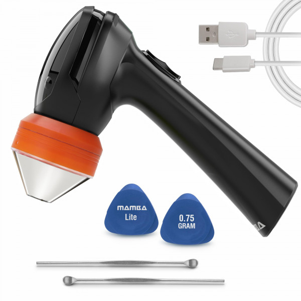 Molinillo de hierbas eléctrico USB con cabezal de plástico naranja Mamba Lite de 0,75 g. Pequeña máquina de hierbas portátil y molinillo de especias para la cocina