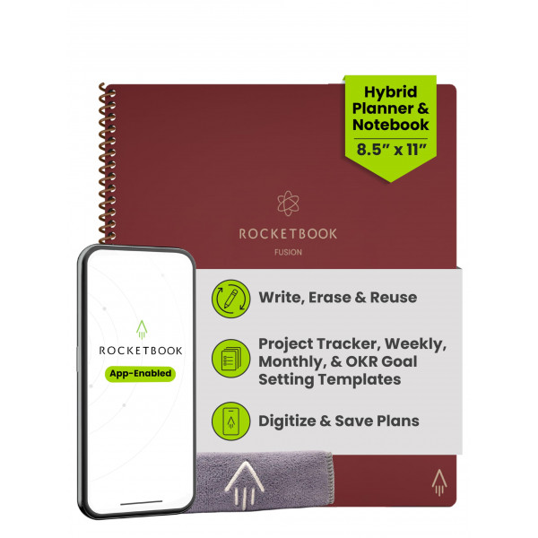 Rocketbook Fusion Planificador de productividad reutilizable sin fecha, tamaño carta 8,5 x 11, granate, objetivos, calendario mensual y semanal, lista de tareas diarias, páginas de notas rayadas y punteadas
