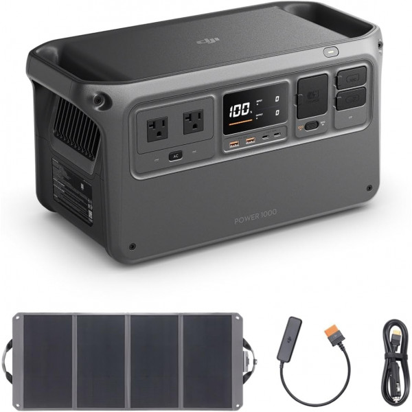 Estación de energía portátil DJI Power 1000, generador solar de 1024 Wh con 1 panel solar de 100 W, celda LFP (LiFePO4) de vida útil de 4000 ciclos, carga rápida de 70 minutos, salida estable de 2200 W, generador solar para respaldo en el hogar