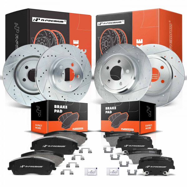 A-Premium Rotores de freno de disco perforados y ranurados delanteros y traseros + kit de pastillas de cerámica compatibles con modelos selectos Chrysler y Dodge - 300 2015-2020, Challenger/Charger 2012-2018/2020, juego de 12 piezas