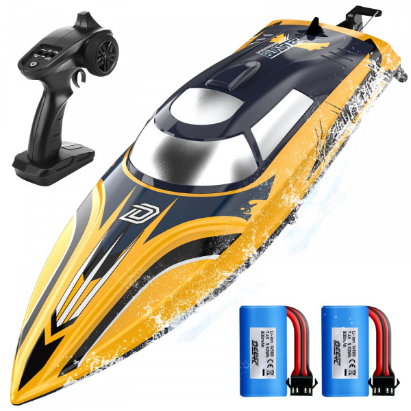 DEERC Barco RC Rápido de 14 con Luces LED, Más de 30 Minutos, 20+ MPH, Lancha Rápida con Control Remoto Autoadrizante para Piscina y Lago, Pintura con Rayas de Garras, Regalo de Juguete Acuático de Verano para Adultos y Niños (Amarillo)
