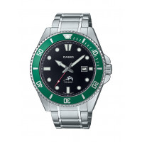 Serie Casio MDV106 | Reloj analógico unisex | Verde/Plata | 200M WR | Acero inoxidable | Banda de resina | Analógico de 2 manos (HR, Min, SEC) | Visualización de fecha | Corona atornillada/Fondo de caja atornillado | Batería de 3 años