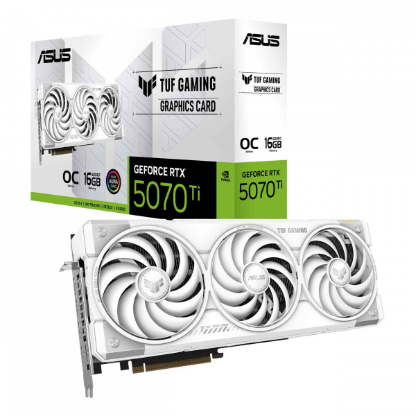 Tarjeta gráfica para juegos ASUS TUF Gaming GeForce RTX ™ 5070 Ti 16 GB GDDR7 blanca edición OC (PCIe® 5.0, HDMI®/DP 2.1, ranura 3.125, componentes de grado militar, revestimiento protector de PCB, ventiladores de tecnología axial)
