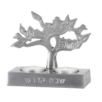Portavelas para Shabat con capacidad para 2 velas, árbol de la vida con tema de Jerusalén, grabado en hebreo Shabat Kodesh (Santo Sábado), candelabro de viaje compacto para velas de té de Zion Judaica