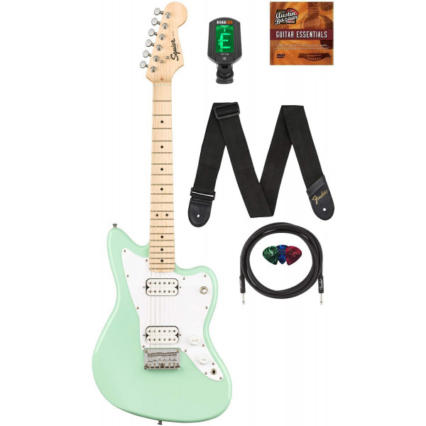 Fender Squier Guitarra eléctrica Mini Jazzmaster para niños de tamaño 3/4, paquete verde surf con cable de instrumento, afinador, correa, púas y DVD instructivo de Austin Bazaar