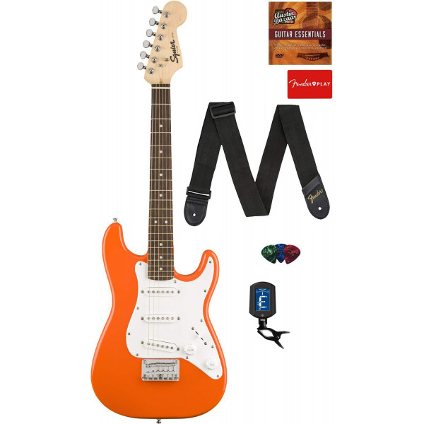 Fender Squier Guitarra eléctrica Mini Strat para niños de tamaño 3/4, paquete naranja de competición con afinador, correa, púas, lecciones en línea de Fender Play y DVD instructivo de Austin Bazaar