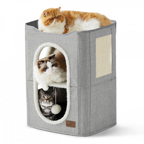 Bedsure Casa para gatos de 2 pisos – Condominios para gatos de interior con almohadilla para rascar y bola esponjosa para colgar, pequeño escondite para muebles de cueva para mascotas múltiples, 18 x 14 x 23 pulgadas, gris