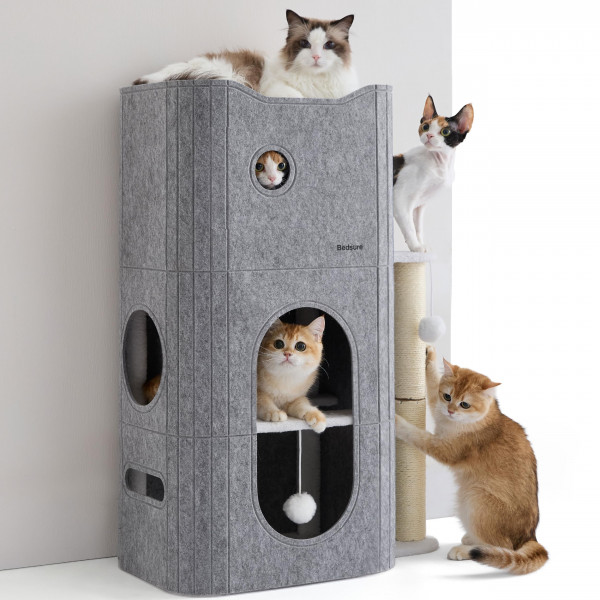 Bedsure Cama interior para gatos de 3 niveles, condominios para gatos, árbol pequeño para que varios gatitos jueguen a dormir, cueva escondida, bola esponjosa, poste rascador, 22,5 x 31,5 x 13, gris