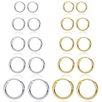 10 pares de pendientes de aro de plata dorada para mujeres y hombres, pequeños pendientes hipoalergénicos de acero inoxidable sin fin, pendientes de cartílago ligeros sin níquel