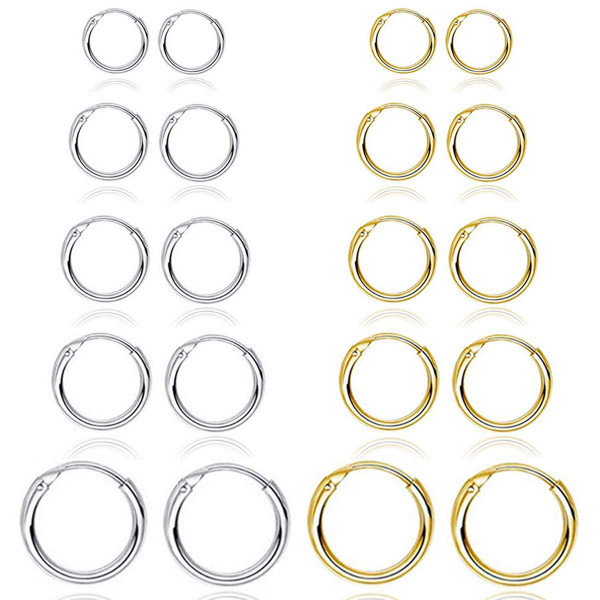 10 pares de pendientes de aro de plata dorada para mujeres y hombres, pequeños pendientes hipoalergénicos de acero inoxidable sin fin, pendientes de cartílago ligeros sin níquel