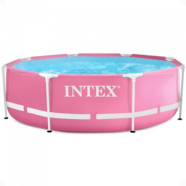 Intex 28290EH Piscina sobre el suelo con marco de metal redondo grande, fácil de montar, 8 pies por 30 pulgadas, con accesorios de salida de succión doble, color rosa