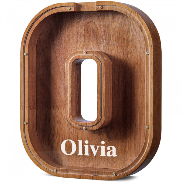 Summidate Hucha de madera grande con nombre personalizado para niños y niñas, alfabetos, letras A-Z, monedas, billetes, caja de cambio de dinero, inicial en cubierta transparente (grabado con láser) (Alfabeto-O, personalizado-12)
