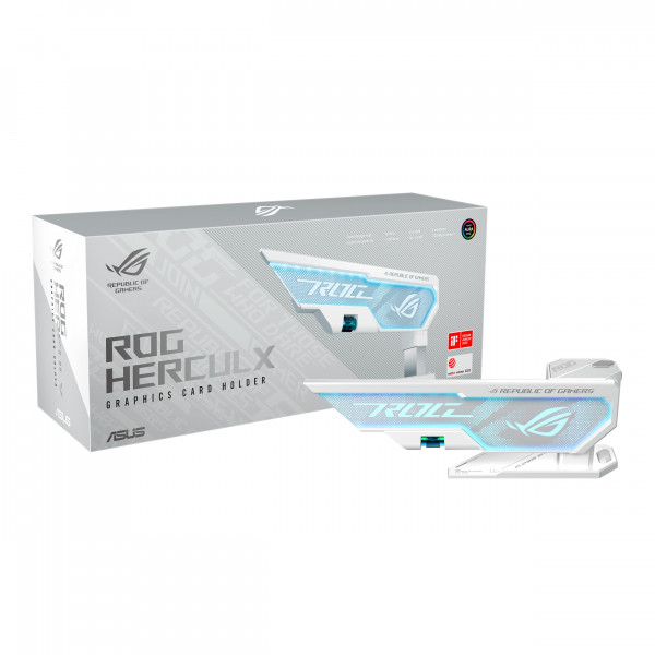 Soporte para tarjeta gráfica ASUS ROG Herculx White Edition (diseño sin herramientas, nivel de burbuja incluido, aleación de zinc sólida, 72-128 mm, Aura Sync)