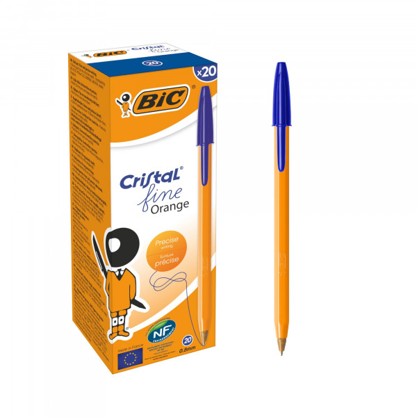 BIC Orange Original Bolígrafos Finos, Bolígrafos de Escritura con Tinta de Larga Duración, Punta Fina (0,8 mm), Azul, Paquete de 20
