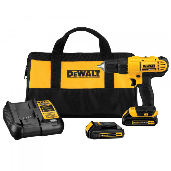 DEWALT Juego de taladro atornillador inalámbrico de 20 V máx., 2 velocidades, motor de alto rendimiento, incluye 2 baterías de iones de litio XR de 1,3 Ah, cargador y bolsa de contratista (DCD771C2)