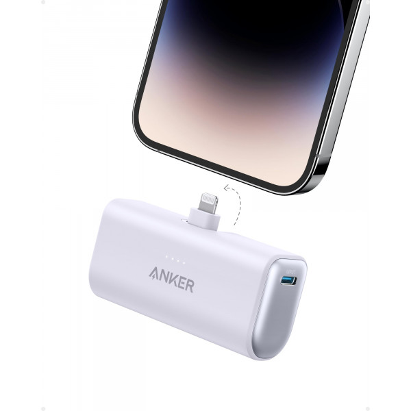 Anker Nano Power Bank con conector Lightning incorporado, cargador portátil 5000 mAh certificado MFi 12 W, compatible con iPhone 14/14 Pro / 14 Plus / 14 Pro Max, iPhone 13 y 12 Series (púrpura)