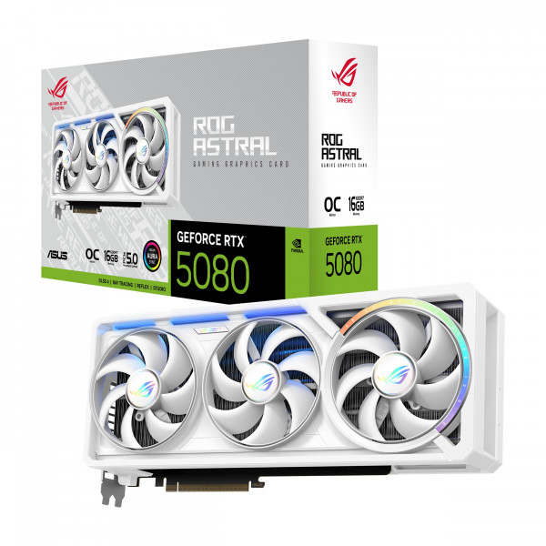 ASUS ROG Astral GeForce RTX™ 5080 16GB GDDR7 White OC Edition - Tarjeta gráfica con cuatro ventiladores que ofrece un flujo de aire y una presión de aire sin precedentes para un rendimiento óptimo