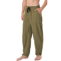 perdontoo Pantalones de verano para hombre de lino y algodón, holgados, informales, ligeros, con cintura elástica (3XL, oliva)