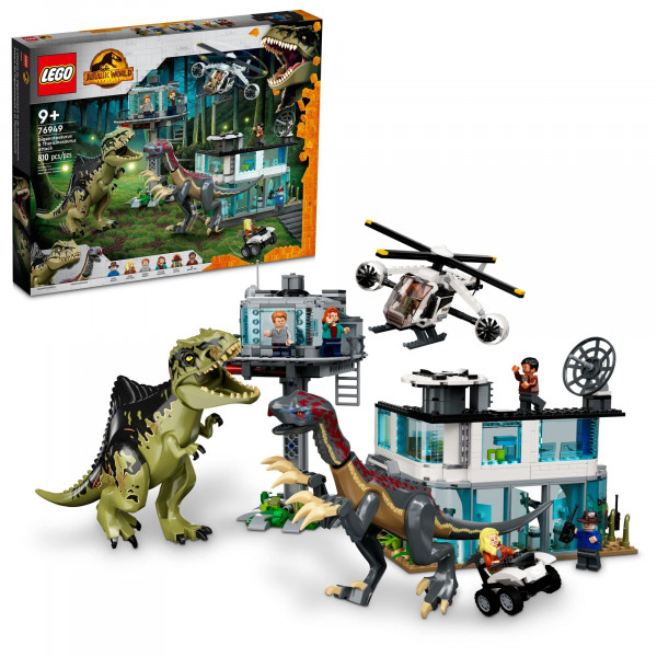 LEGO Jurassic World Giganotosaurus & Therizinosaurus Attack 76949 con 2 figuras de juguete de dinosaurio, vehículo todoterreno, helicóptero y garaje, regalos para niños, niños y niñas