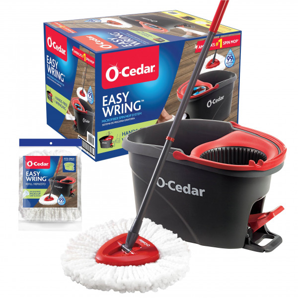 O-Cedar Easywring Sistema de limpieza de pisos con cubo y trapeador giratorio de microfibra con 1 recambio adicional, rojo/gris