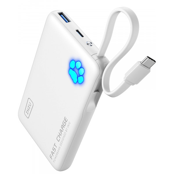 Cargador portátil INIU, banco de energía delgado de 45 W 10000 mAh con cable USB-C integrado para viajes, batería de entrada y salida USB C de carga rápida, cargador de teléfono externo para iPhone 17 16 15 Samsung S25 S24 Google, etc.
