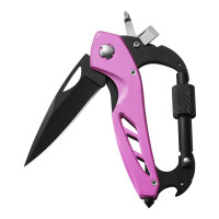 Cuchillo de mosquetón multiherramienta rosa para mujeres y hombres, equipo de supervivencia para acampar, senderismo, mosquetones EDC, multiherramientas 6 en 1 con rompeventanas, abridor de botellas y destornillador, regalos para mujeres/hombres (rosa)