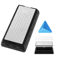 Piedra de afilar de diamante de doble cara, piedra de afilar cuchillos con placa de diamante de grano extra fino 1000/grueso 400, estuche de almacenamiento con base antideslizante y guía de ángulo (7 x 3,5 pulgadas)