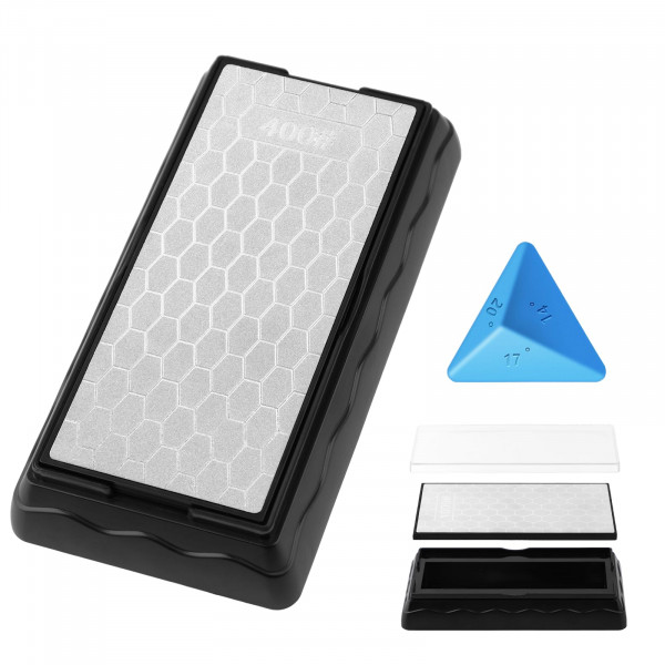 Piedra de afilar de diamante de doble cara, piedra de afilar cuchillos con placa de diamante de grano extra fino 1000/grueso 400, estuche de almacenamiento con base antideslizante y guía de ángulo (7 x 3,5 pulgadas)