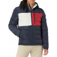 Tommy Hilfiger Chaqueta acolchada resistente al agua con forro Sherpa de peso medio para hombre, tecnología combinada con bandera de Tommy, pequeña
