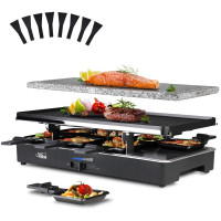 Artestia Parrilla Raclette 2 en 1 de 1700 W de temperatura ajustable con piedra de granito y placas de aluminio fundido antiadherentes | Incluye 8 mini sartenes y espátulas | Cable de alimentación extendido | Perfecto para reuniones familiares