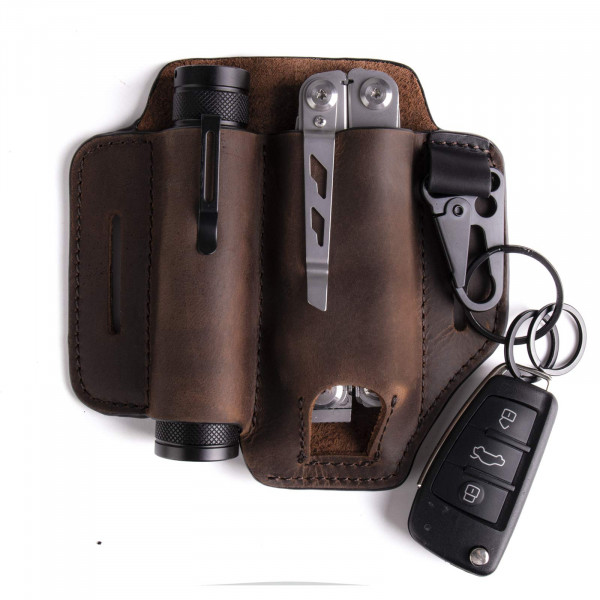 Gentlestache Funda de cuero para funda multiherramienta Leatherman EDC Organizador de bolsillo con llavero para cinturón y funda para linterna Bolsa multiherramienta marrón oscuro